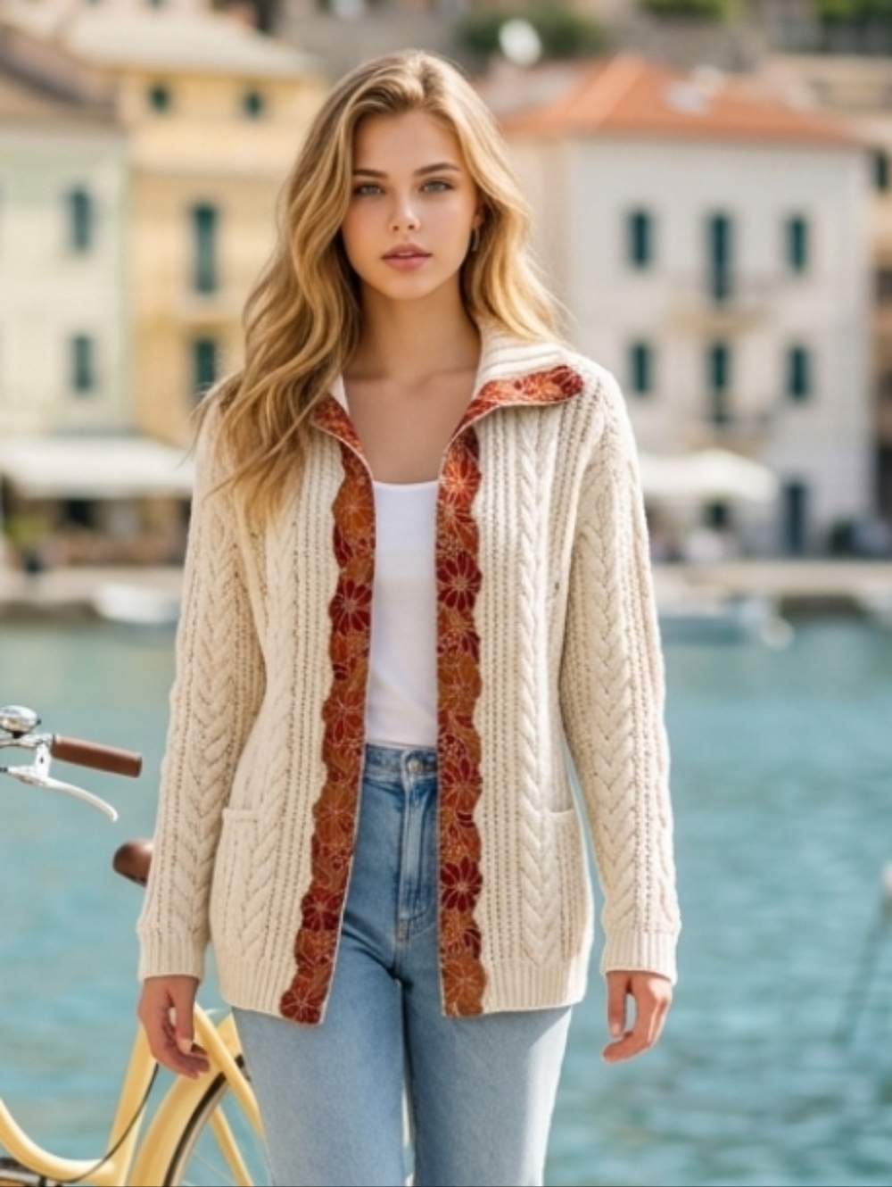 Yorkshire Knitting Company  Vintage Cardigan Ecru & Red Embellishment Size Med.